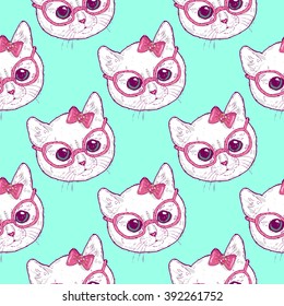 Pattern with cute cats. Kittens have rose-colored glasses. The charming kittens.