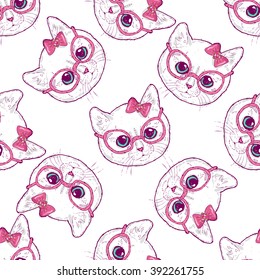 Pattern with cute cats. Kittens have rose-colored glasses. The charming kittens.