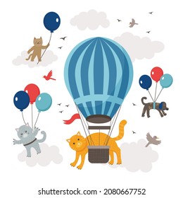 Patrón con gatos lindos en globos. El cielo, el vuelo. Ilustración del vector