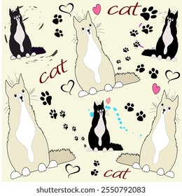 Pattern with cute cats on a beige background. Footprints. The cats sit and look into the distance. Falling in love