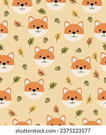 Pattern of cute chanterelles with leaves and joludes on a light orange background.