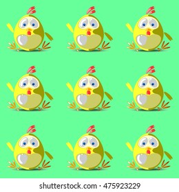 pattern with cute chicken on green background