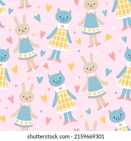 Pattern with cute childish cat and hare. Seamless cartoon flat vector illustration.