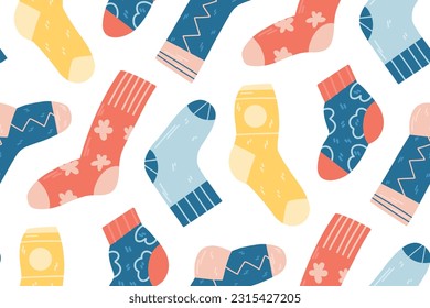 Pattern with cute children s colorful socks, with flowers and zigzags on a white background