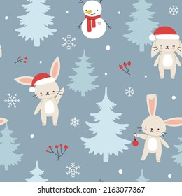 Patrón con lindos conejitos de navidad en el bosque. Impresión vectorial de año nuevo sin inconvenientes con arcos para papel envolvente.