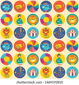 Pattern with cute circus animals on a yellow background