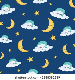 Pattern with cute clouds and moons in cartoon style on the light background