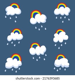 Pattern of cute clouds with a rainbow. Vector rainbow with a cloud. Positive childish illustration. Bright print for textiles. Dark blue isolated background.