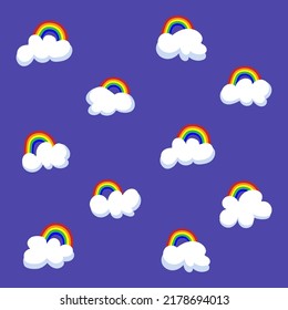 Pattern of cute clouds with a rainbow. Vector rainbow with cloud. Positive childish illustration. Bright print for textiles. Purple isolated background.