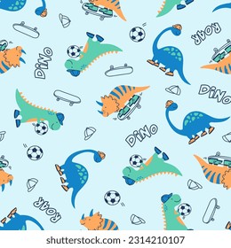 pattern of cute colored dinosaurs with cap, tennis shoes, skateboard and a ball, playing on blue background