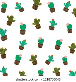 Pattern of cute colorful cactus in brown pot on white background. Vector art in minimal and abstract look so sweet for wallpaper and all design in botanicals idea. Concept about environment and plant.