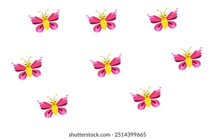 Pattern of cute, colorful cartoon buttewith vibrant purple and blue wings. Fun and playful design, ideal for children's products, wallpapers, and educational materials. Perfect for seamless background