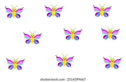 Pattern of cute, colorful cartoon buttewith vibrant purple and blue wings. Fun and playful design, ideal for children's products, wallpapers, and educational materials. Perfect for seamless background