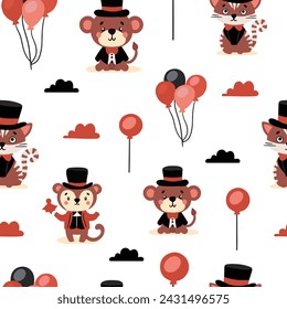 Pattern of cute and colorful circus animals set. Cute circus animals and clown character design.