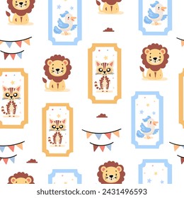 Pattern of cute and colorful circus animals set. Cute circus animals and clown character design.