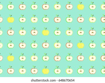 Pattern with cute colorful half apples, fruit summer texture, yellow green and red apples
