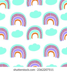 patrón lindo arcos coloridos y nubes en estilo boho, ilustración vectorial.