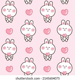 Pattern cute crabbit hold pink heart hand drawn background. Cartoon character design. Kawaii bunny doodle style. Can be use for card, poster, T-shirt. Vector. Illustration.