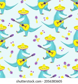 Pattern of cute crocodile playing guitar. flat vector illustration.