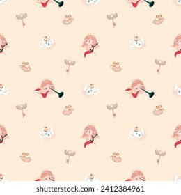 Pattern  with Cute cupids flying in air set. St. Valentine's Day. Amor kids with wings hold a heart, romantic symbol of love.Keys with wings and a heart shaped lock.