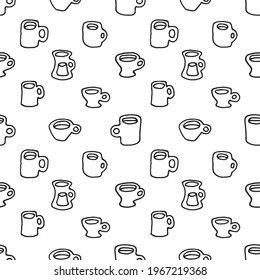 Pattern of cute cups for coffee and tea. Drawn in the style of the doodle. Vector EPS 10