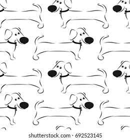 Pattern with cute dachshunds. Black-and-white image. Vector illustration in funny style.