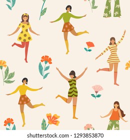 Pattern with cute dancing girls and flowers in retro style. Vector seamless texture.
