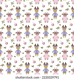 Pattern with cute deer and forest plants. Stylized animals. For baby products, prints and clothes, brochures, packaging, flyers, fun gender parties.Vector illustration.