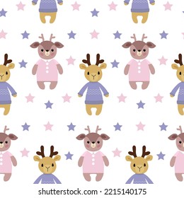 Pattern with cute deers and colorful stars. Stylized animals in clothes. For prints and clothing, kids room wallpaper, brochures and covers, packaging, flyers, fun gender parties. Vector illustration.