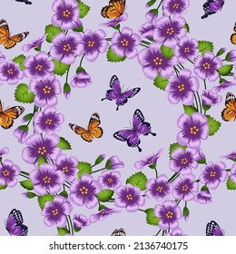 Pattern. Cute delicate flowers and butterflies. Spring, summer, nature. Vector graphics.