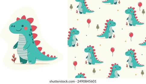 Сhildish pattern with cute dinosaur, baby shower greeting card. Animal seamless background, cute vector texture for kids bedding, fabric, wallpaper,