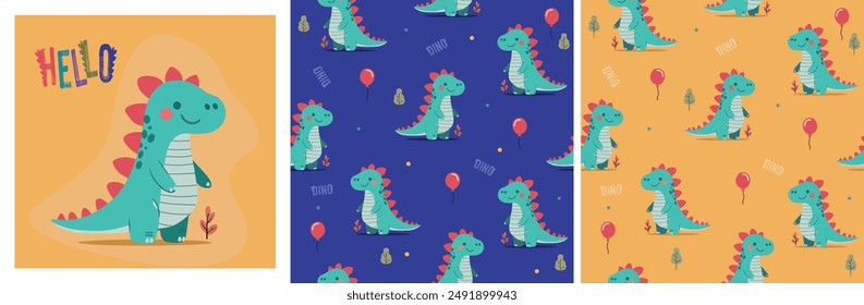 Сhildish pattern with cute dinosaur  , baby shower greeting card. Animal seamless background, cute vector texture for kids bedding, fabric, wallpaper,
