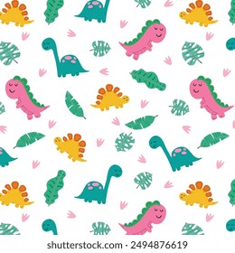 Сhildish pattern with cute dinosaur, baby shower greeting card. Animal seamless background, cute vector texture for kids bedding, fabric, wallpaper, wrapping paper, textile, t-shirt print