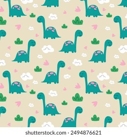 Сhildish pattern with cute dinosaur, baby shower greeting card. Animal seamless background, cute vector texture for kids bedding, fabric, wallpaper, wrapping paper, textile, t-shirt print