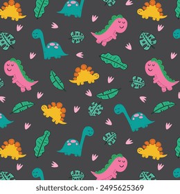 Сhildish pattern with cute dinosaur, baby shower greeting card. Animal seamless background, cute vector texture for kids bedding, fabric, wallpaper, wrapping paper, textile, t-shirt print