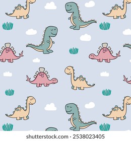 Сpatrón infantil con dinosaurio lindo, tarjeta de felicitación de la ducha del bebé. Fondo inconsútil animal, textura linda del Vector para la ropa de cama de los niños, tela, Fondo de pantalla, papel de embalaje, materia textil, impresión de la camiseta