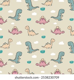 Сhildish pattern with cute dinosaur, baby shower greeting card. Animal seamless background, cute vector texture for kids bedding, fabric, wallpaper, wrapping paper, textile, t-shirt print