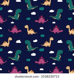 Сhildish pattern with cute dinosaur, baby shower greeting card. Animal seamless background, cute vector texture for kids bedding, fabric, wallpaper, wrapping paper, textile, t-shirt print