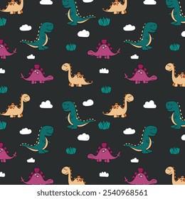 Сhildish pattern with cute dinosaur, baby shower greeting card. Animal seamless background, cute vector texture for kids bedding, fabric, wallpaper, wrapping paper, textile, t-shirt print