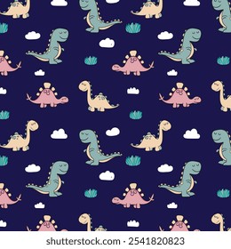 Сhildish pattern with cute dinosaur, baby shower greeting card. Animal seamless background, cute vector texture for kids bedding, fabric, wallpaper, wrapping paper, textile, t-shirt print