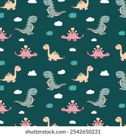 Сhildish pattern with cute dinosaur, baby shower greeting card. Animal seamless background, cute vector texture for kids bedding, fabric, wallpaper, wrapping paper, textile, t-shirt print