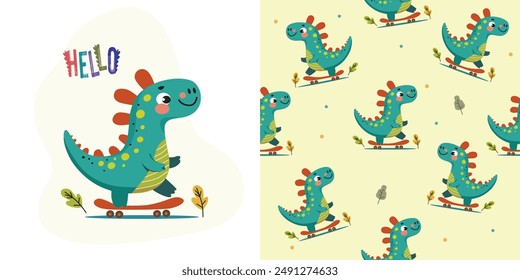 Сhildish pattern with cute dinosaur playing skateboard , baby shower greeting card. Animal seamless background, cute vector texture for kids bedding, fabric, wallpaper,