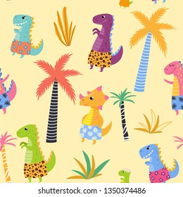 Pattern with cute dinosaurs in beach shorts. Vector seamless texture.