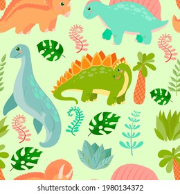Pattern of Cute Dinosaurs. Little dinosaur's birthday. Bright children's print. Vector illustration with colored background