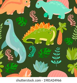 Pattern of Cute Dinosaurs. Little dinosaur's birthday. Bright children's print. Vector illustration with colored background