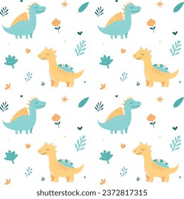 Pattern with cute dinosaurs in pastel colors and small plants. Cute childish seamless pattern in cartoon style. Flat colorful vector illustration. Freehand drawing