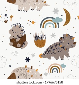 Pattern with cute dinosaurs, rainbows, moon, stars. Children background in scandinavian style. Creative kids texture for print, textile, wallpaper, apparel, fabric, wrapping. Vector illustration