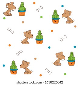 pattern cute dog with his cactus bone ball vector