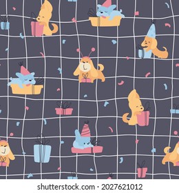 pattern with cute dogs. Seamless pattern for fabric, paper, wrapping, clothing, textile, wallpaper. celebration