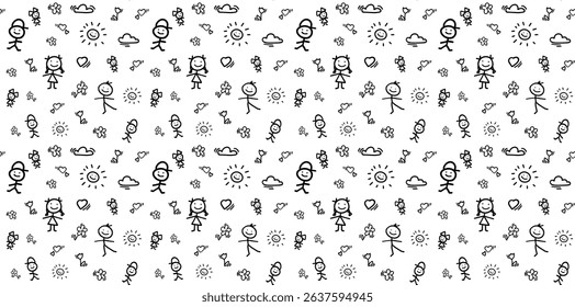 Pattern with cute doodle elements drawn by people, funny drawings by children. Vector design elements, suitable for textiles, backgrounds, cards, banners, web design.